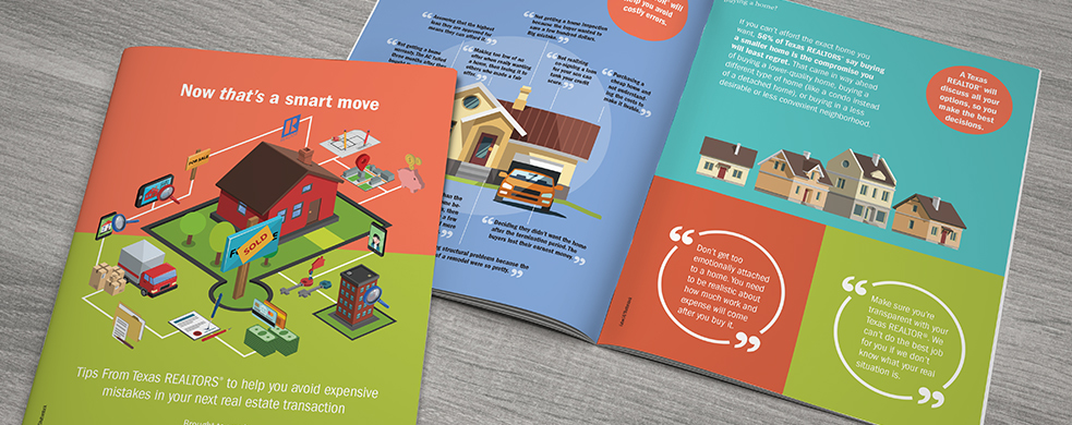 Colorful brochures from Texas REALTORS® campaign "Now That's a Smart Move"