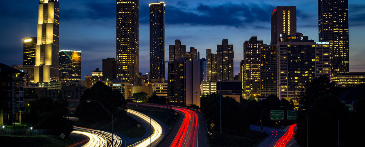 Skyline of city in Texas at night