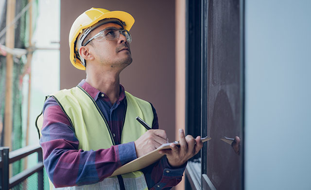 A home inspector looks at the outside of a house